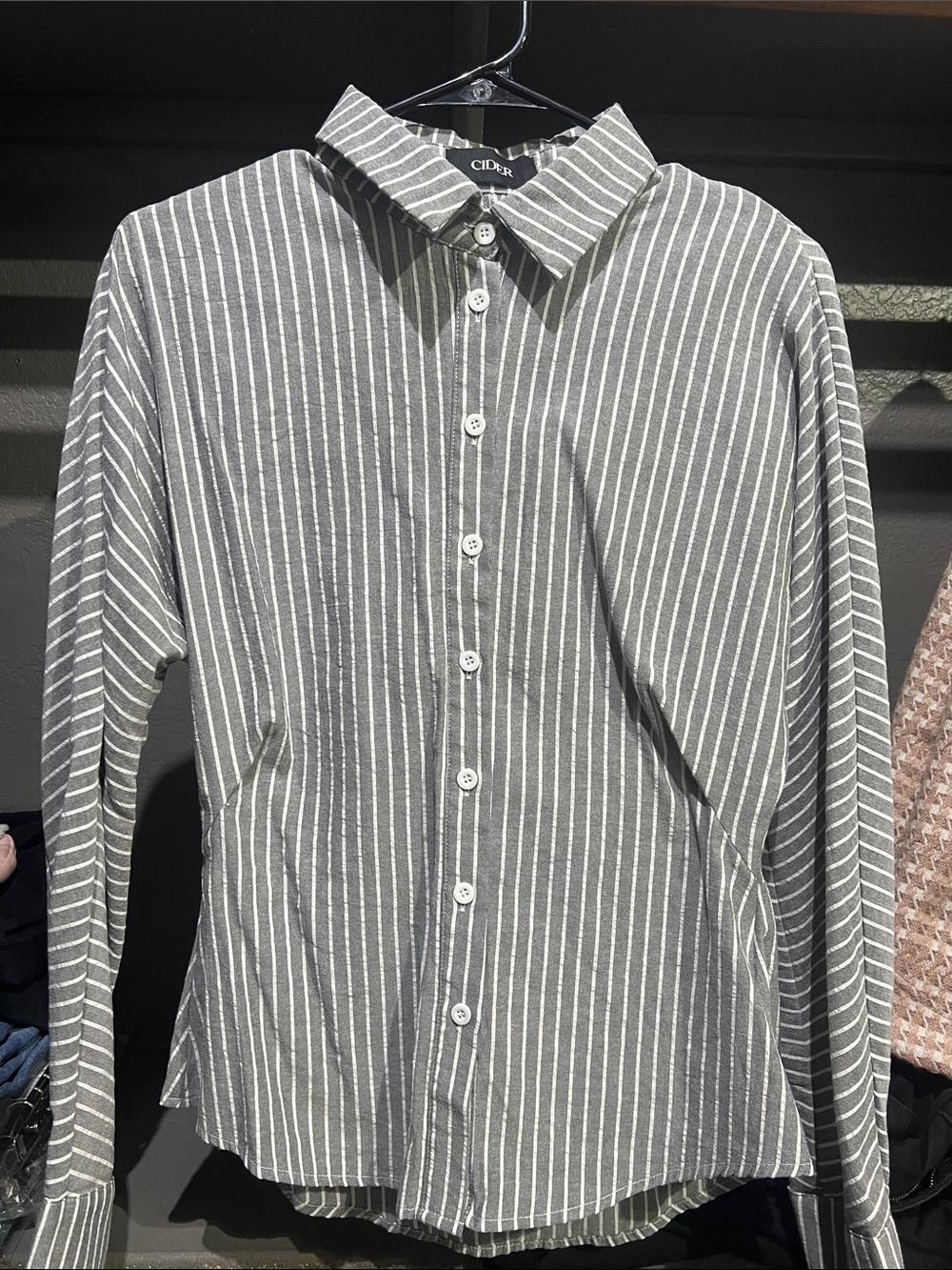Cider Women’s Gray Vertical Stripe Button-Down Shirt